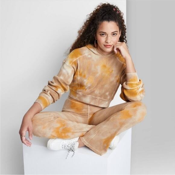 NEW WILD FABLE Gold Yellow Tan Tie Dye Hoodie Pullover Cropped Sweatshirt XL - Picture 1 of 10